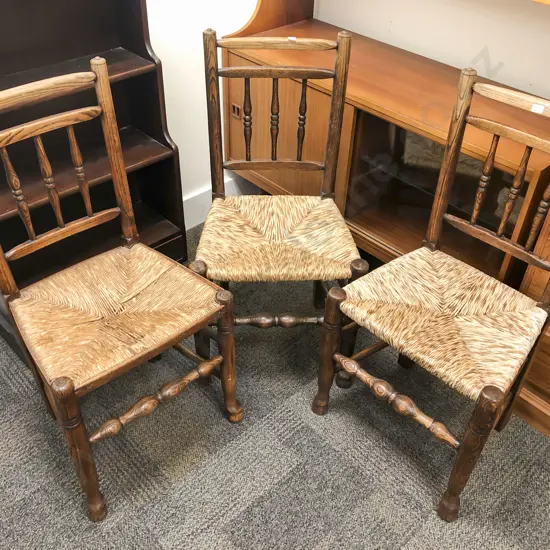 Set Three Elm Rush Seated Kitchen Chairs