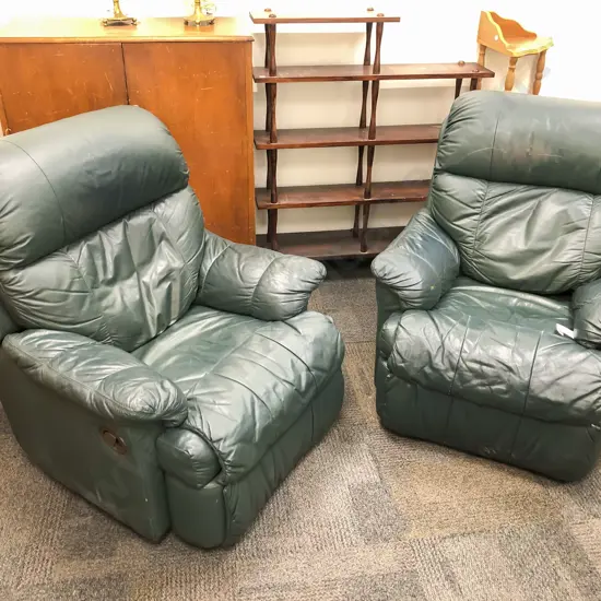 Pair Green Leather Armchairs