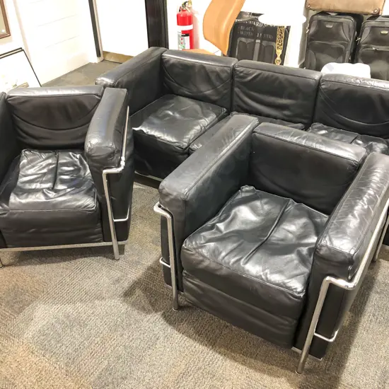 Le Corbussier LC3 Style Black Leather & Chrome Three Piece Lounge Suite
