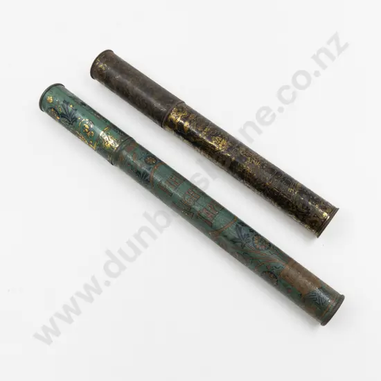 Two Victorian Printed Tin Plate Taper Stick Canisters