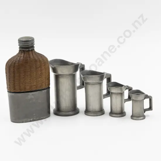 Early C20th Four European Pewter Measures & Hip Flask