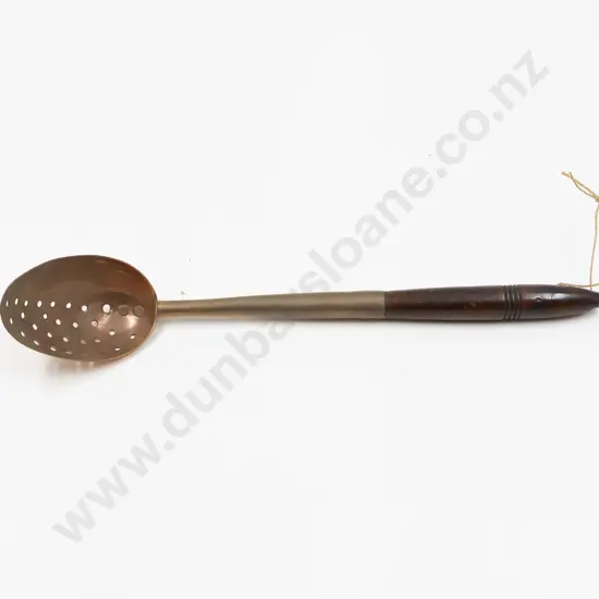Victorian Copper Pierced Straining Spoon with Turned Wooden Handle