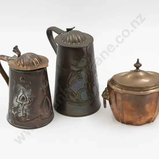 Early Victorian Sheffield Plate (Copper) Tea Caddy & Two Art Nouveau Jugs