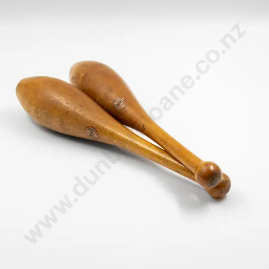 Pair Late C19th Narragansett Machine Co USA Fruitwood Juggling Pins