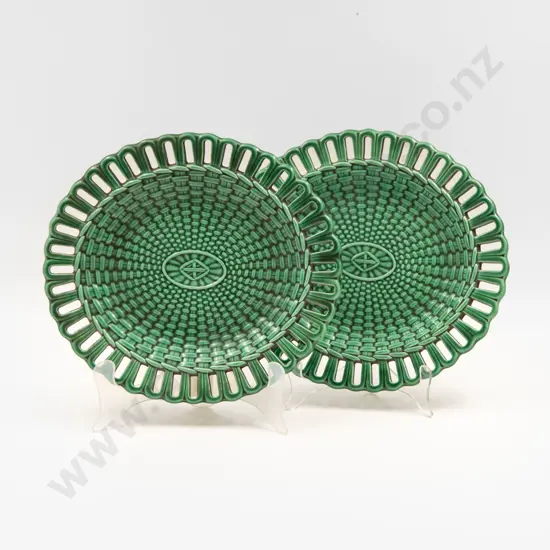 Two Wedgwood Green Glazed Basket Weave Serving Plates