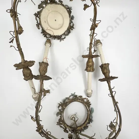 Pair Early C20th Two Light Wall Sconces with china floral embellishments