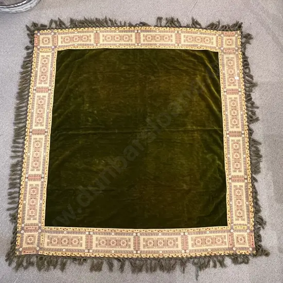 Vict Heavy Green Velvet Table Cover with Later Braid Border & Wool Fringe
