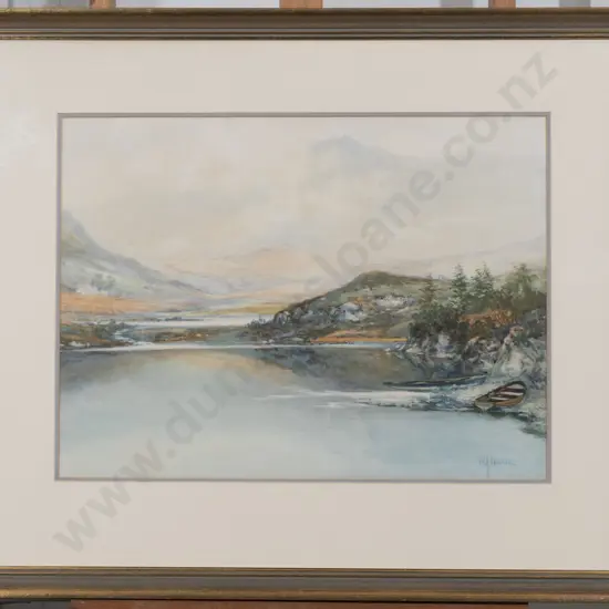 W J Wadham (1864 - 1950) - Lakeside Landscape With Dinghy