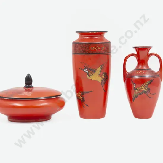 Two Shelley Crane Pattern Vases & Lidded Powder Bowl