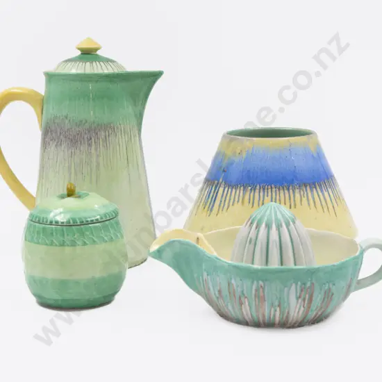 Shelley Dripware Coffee Pot with Citrus Juicer & Two Others chip to glaze on juicer and to glaze on sugar pot lid