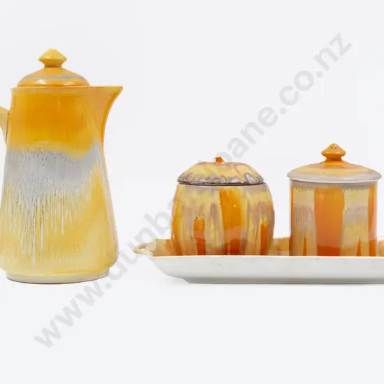 Shelley Lidded Coffee Pot with Two Sugar Jars & Other top of sugar jar lid broken chip to glaze on plate