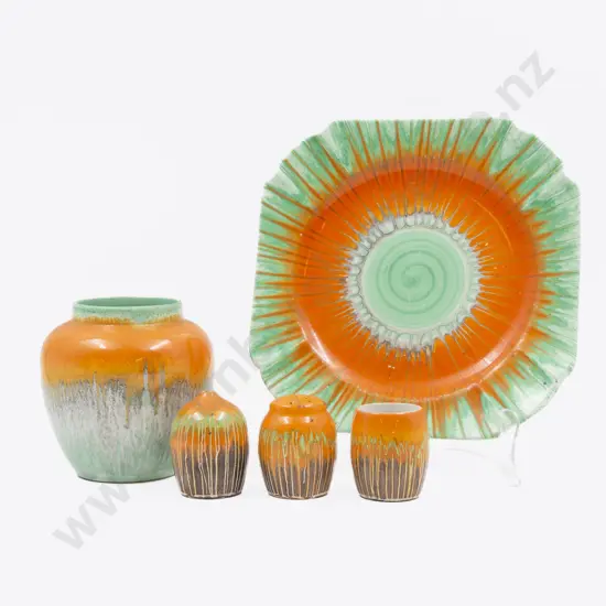 Five Various Shelley Dripware Pieces chips to rim of salt shaker