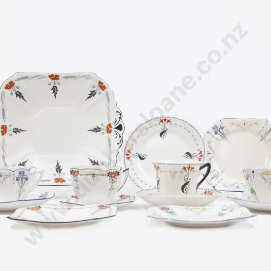 Four Shelley Art Deco Cup Saucer Plates With Cake Plate