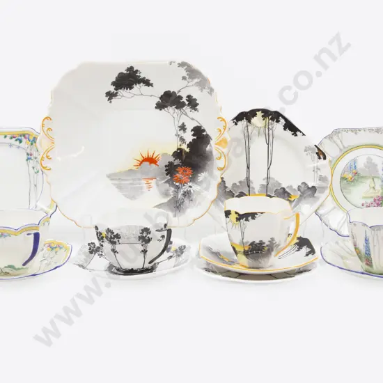 Four Shelley Cup Saucer Plates with Cake Plate