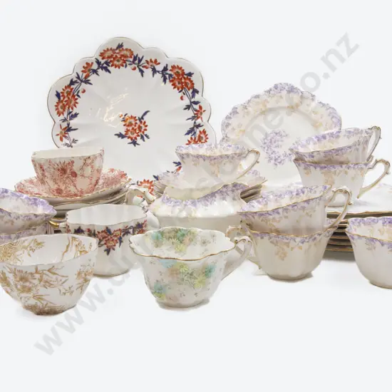 Twelve Early Shelley Fancy Cup Saucer Plates with Jug