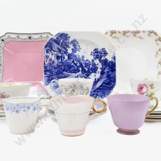 Six Shelley Fancy Cup Saucer Plates with Three Cake Plate