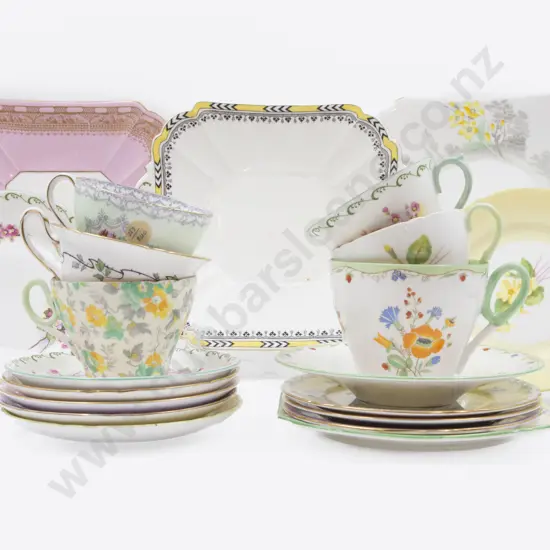 Six Shelley Fancy Cup Saucer Plates with Three Cake Plate