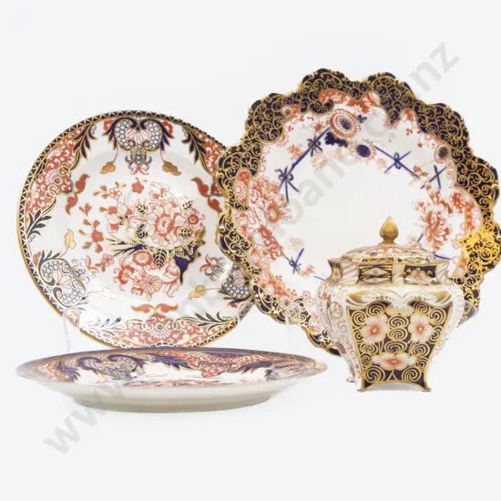 Three Royal Crown Derby Imari Pattern Plates & Posy Vase with Cover
