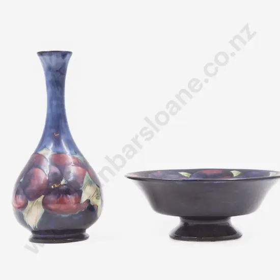 Moorcroft Pansy Pattern Bottle Vase & Footed Dish (a/f)