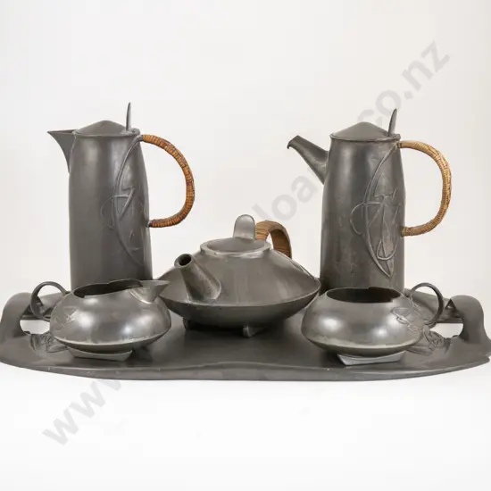 Archibald Knox Designed "Tudric" Pewter For Liberty & Co 6 Piece Tea & Coffee Set