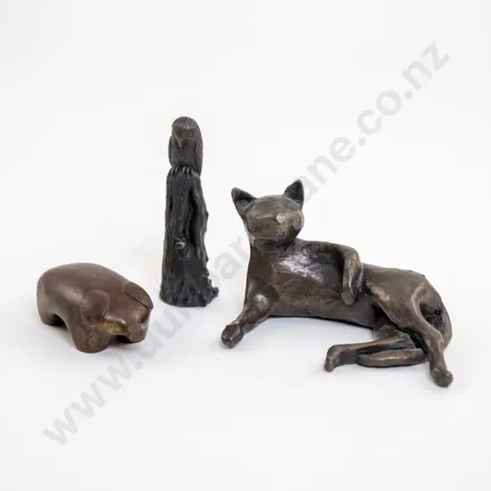 Small Bronze Figure Of A Cat Owl & Pig
