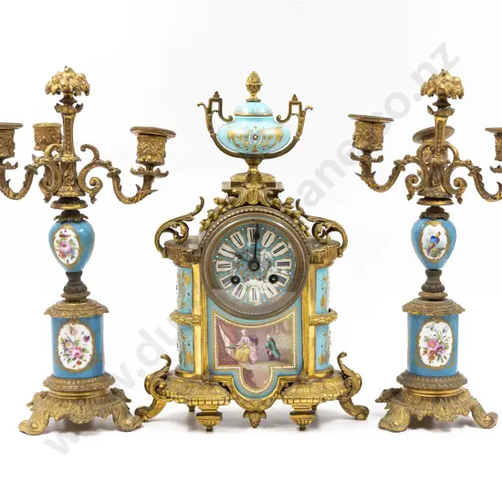Composed C19th French Gilt Metal Sevres Style Clock Garniture