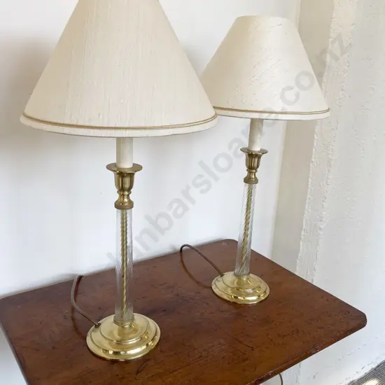 Pair Of Brass & Spiral Tapering Glass Table Lamps & Shades