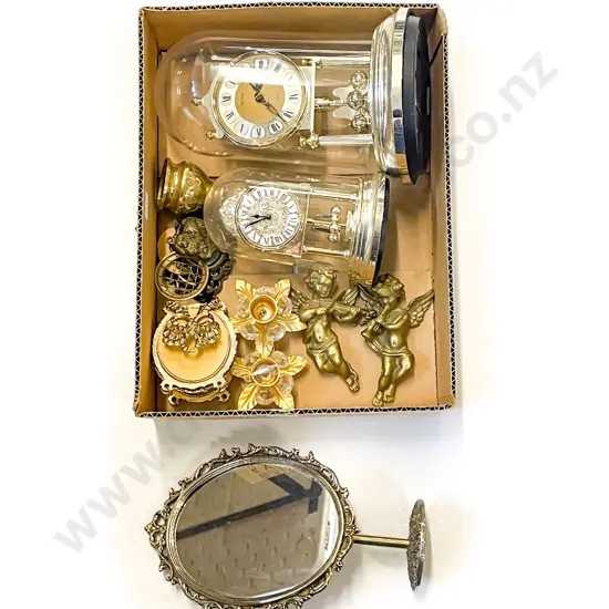 Box of Assorted Decorative Items incl Two Dome Cased Clocks