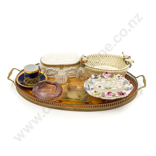 Qty of Assorted Fancy China and Art Glass on Double Handled Tray