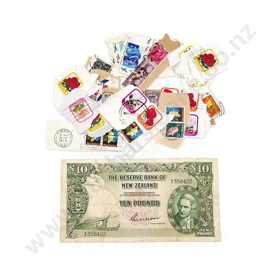 NZ Ten Pound Note and Small Qty of Stamps