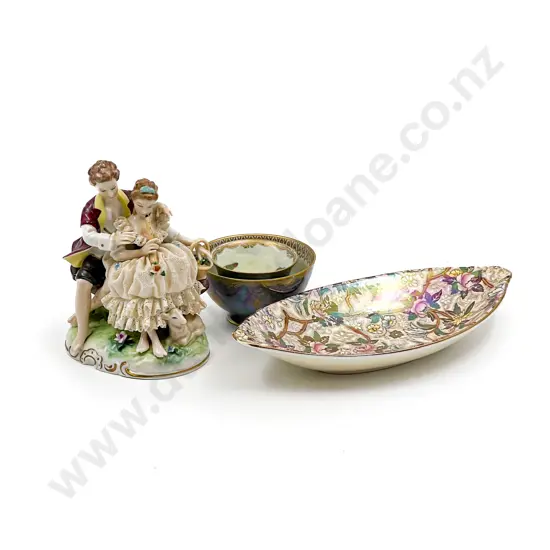 Three Pieces Fancy China including Wedgwood and Dresden Figure Group