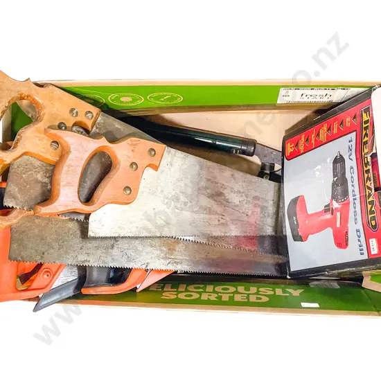Box Assorted Tools Including Saws & Drill