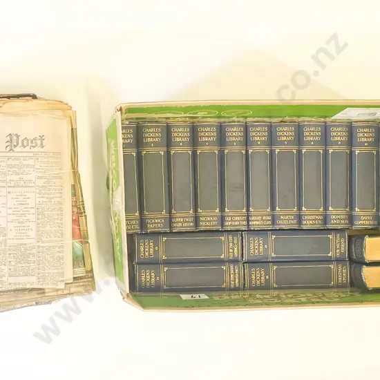 18 Vols Charles Dickens Library together with quantity of Vintage Newspapers