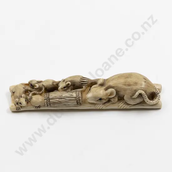 Japanese Ivory Okimono Carved As Rats On A Ladder