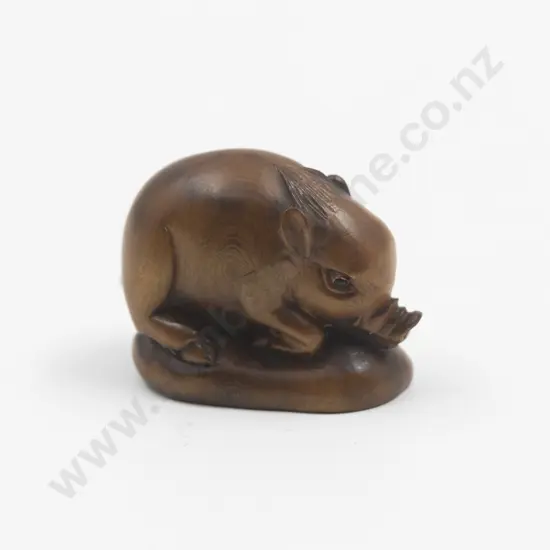 Japanese Carved Wood Netsuke Of A Pig