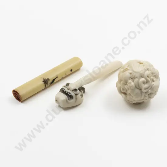 Japanese Ivory Netsuke of a Tengu Mask Together With An Ivory Chop Seal And Ivory Zodiac Okimono