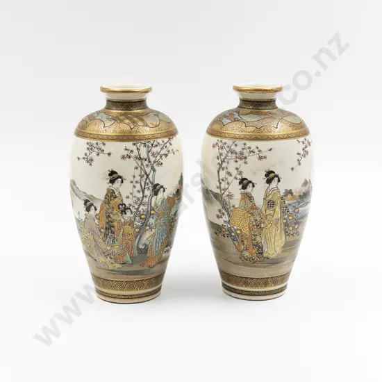 A Pair Of Satsuma Meiji Period Vases by Ryokuzan For The Yasuda Company