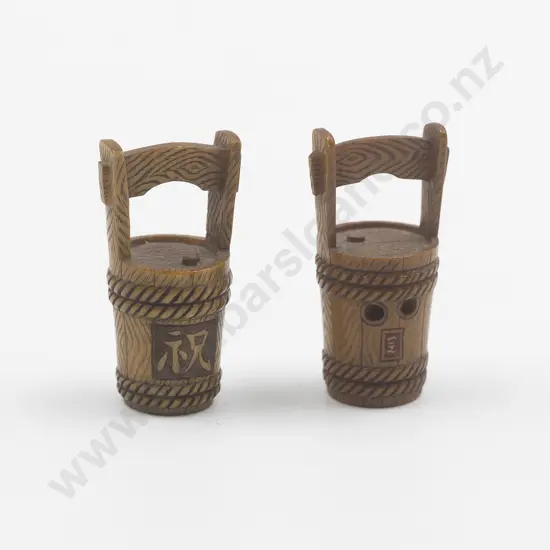 Two Signed and Tea-Stained Ivory Netsuke of Water Pails