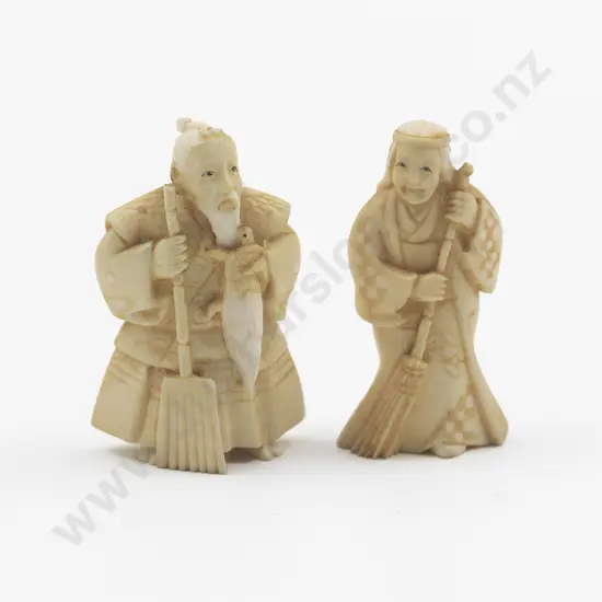 Two Signed Ivory Okimono of a Male and Female