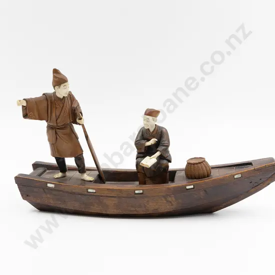 Meiji Period Japanese Signed Carved Wood and Ivory Okimono (Sculptural Ornament)