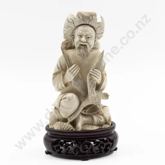 Chinese Signed Carved Ivory Figure of Seated Hunter