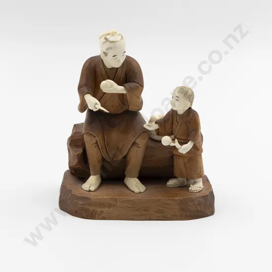 Meiji Period Japanese Signed Carved Wood and Ivory Okimono