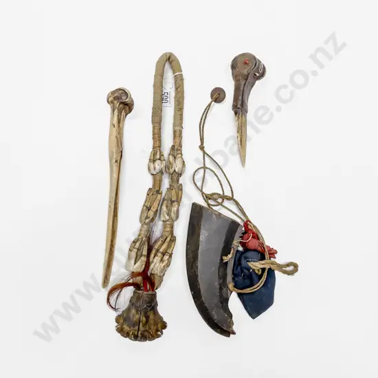 A Dog Tooth Necklace With Two bone Daggers And A Vietnamese Powder Horn