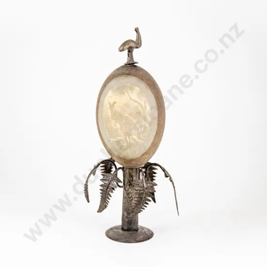 An Australian Carved Emu Egg On A Silver Plated Stand