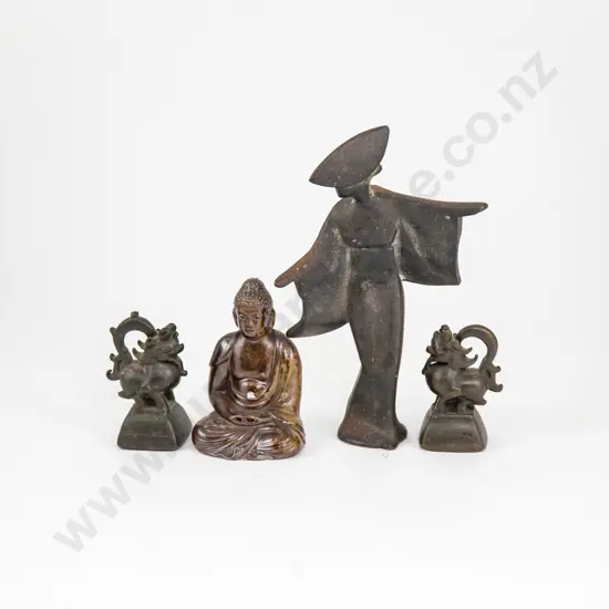 Two Chinese Opium Weights Together With A Stylised Geisha And A Buddha