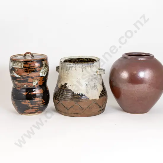 An Antique Karatsu Glazed Stoneware Jar And Two Other Japanese Pieces
