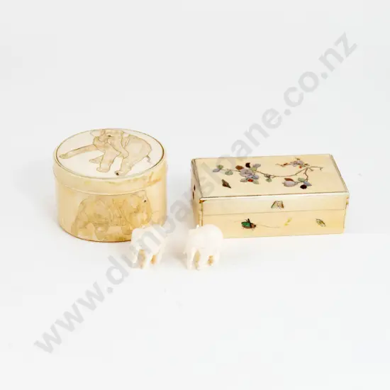 Two Small Ivory Boxes With Two Ornamental Resin Elephants