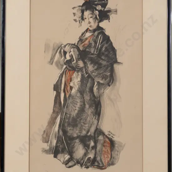 A Japanese Framed Watercolour Of A Bijin