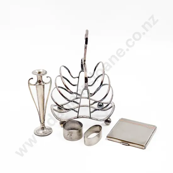 Four Pieces of S/S incl Cig Case and Small Vase together with Plated Toast Rack