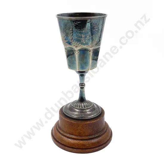 S/Plate Otago Sports 1915 Boxing Trophy Cup on near matched oak stand